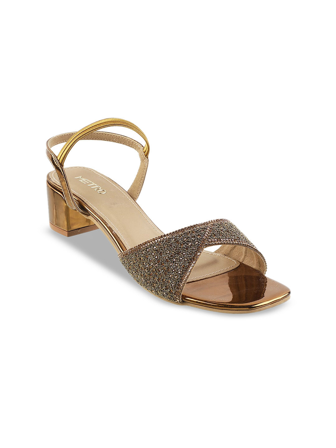 

Metro Embellished Open Toe Block Heels, Gold