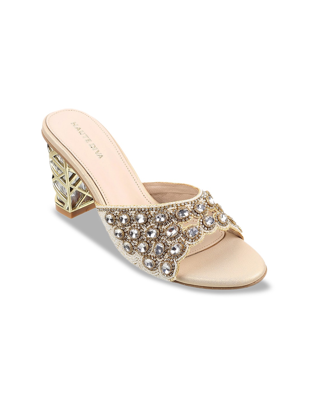 

Mochi Embellished Open Toe Block Heels, Gold