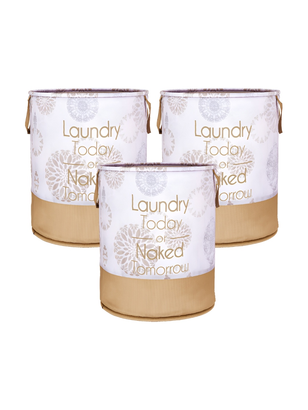 

Kuber Industries Brown & White 3 Pieces Floral Printed Foldable Laundry Bags