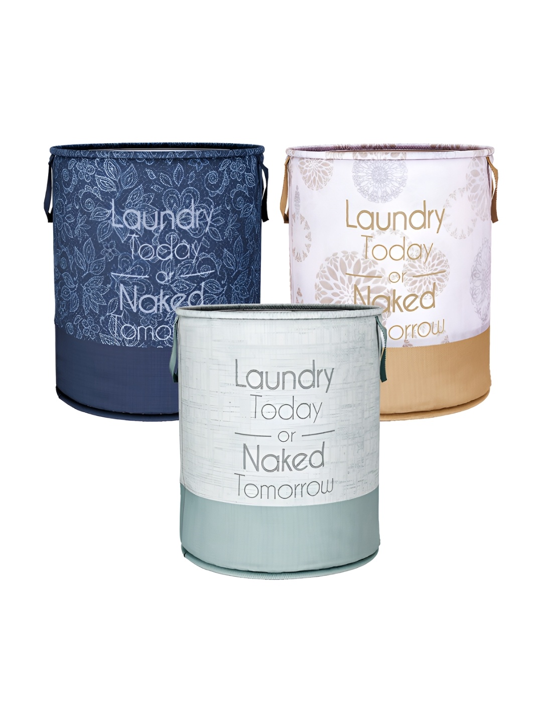 

Kuber Industries White & Teal 3 Pieces Floral Printed Foldable Laundry Bags