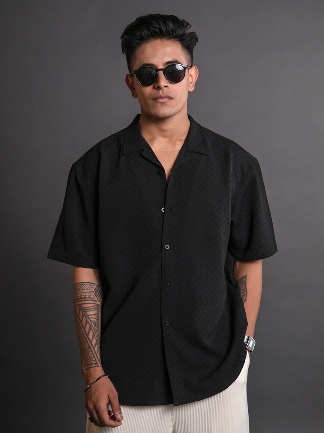 

Powerlook Striped Self Design Oversized Shirt, Black