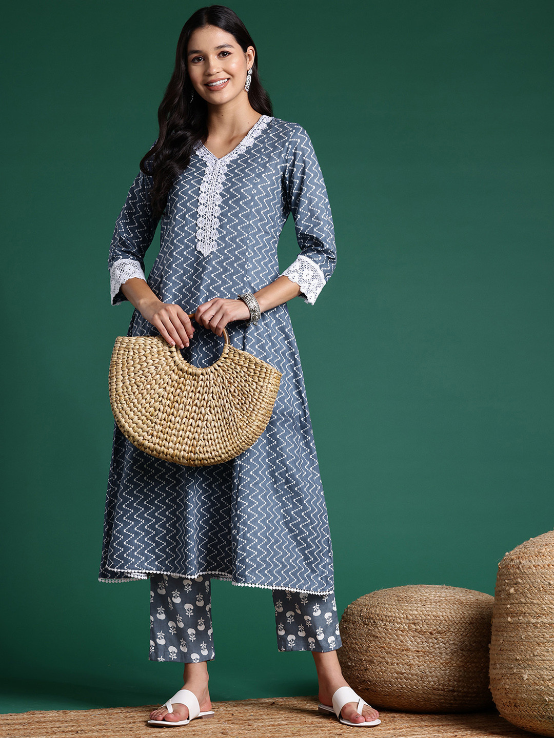 

Sangria Women Printed Regular Pure Cotton Kurta with Trousers, Grey