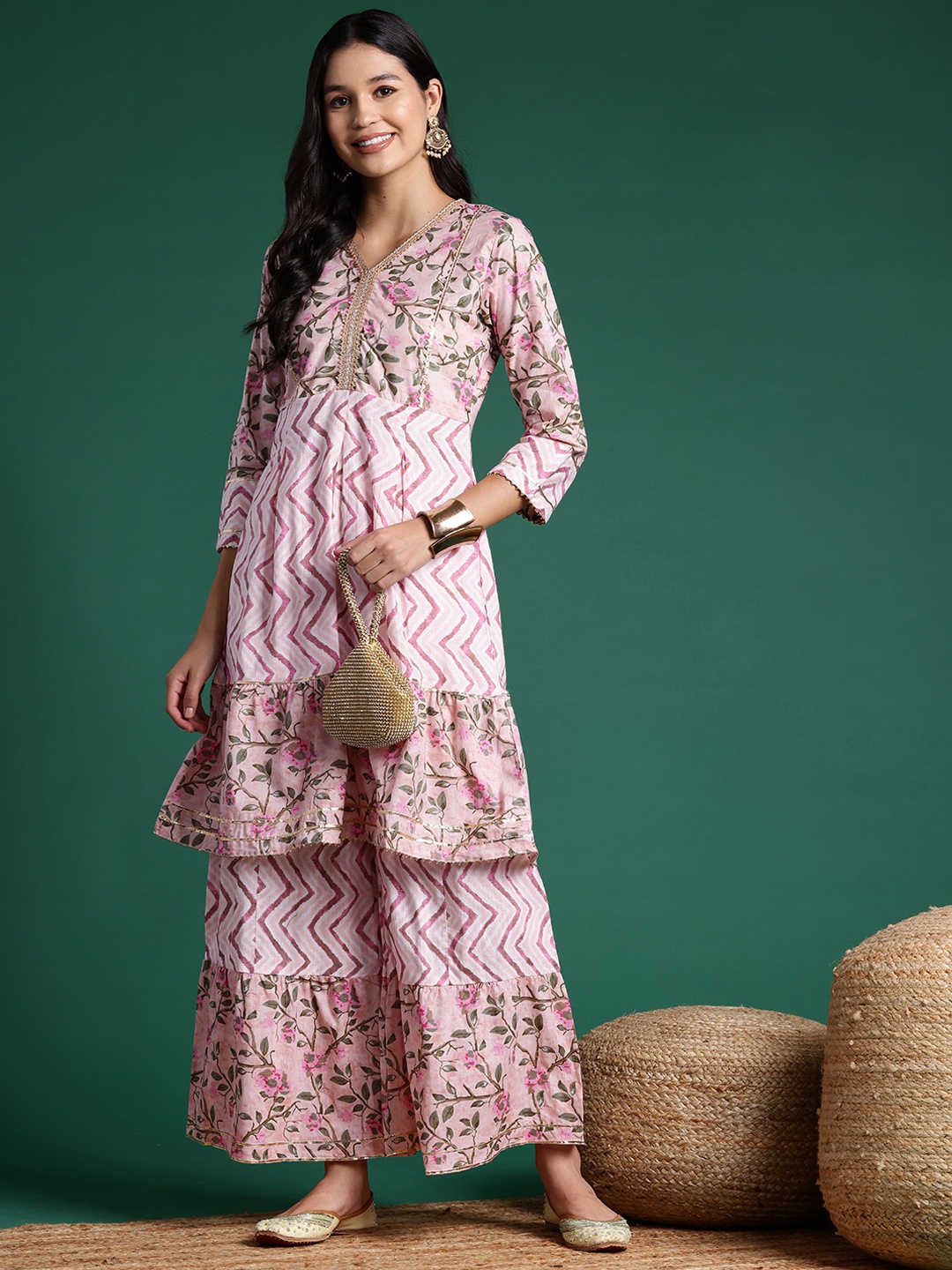 

Sangria Women Floral Printed Regular Gotta Patti Pure Cotton Kurta with Sharara, Peach