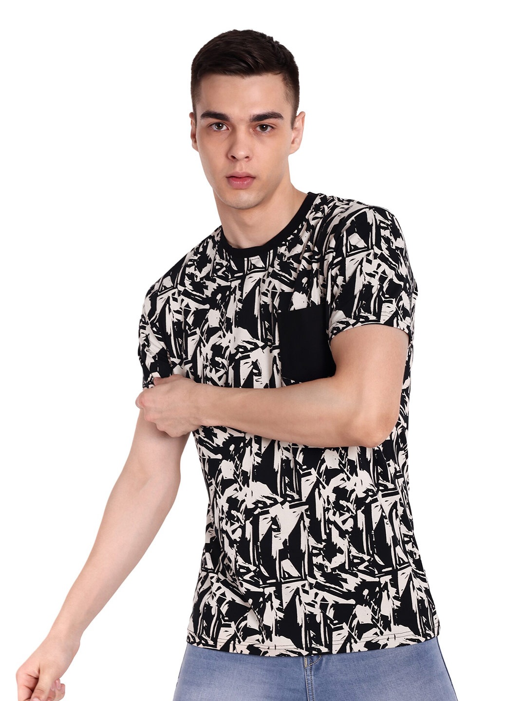 

ONE SKY Round Neck Short Sleeves Abstract Printed Regular Fit Cotton T-shirt, Black