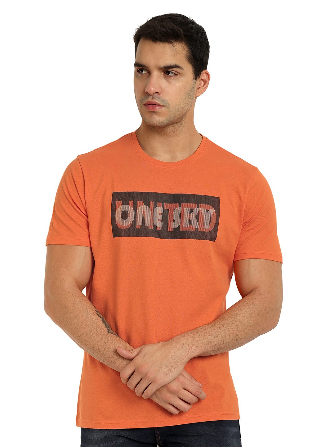 

ONE SKY Abstract Printed Cotton T-shirt, Orange