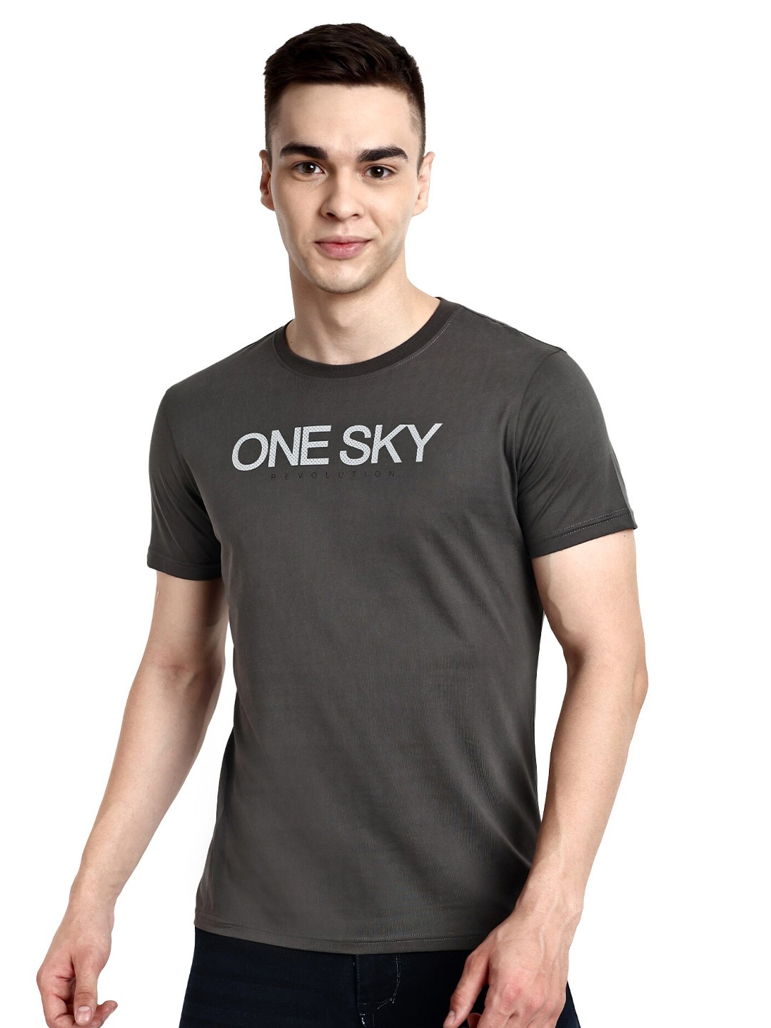 

ONE SKY Typography Printed Round Neck Pure Cotton T-shirt, Grey