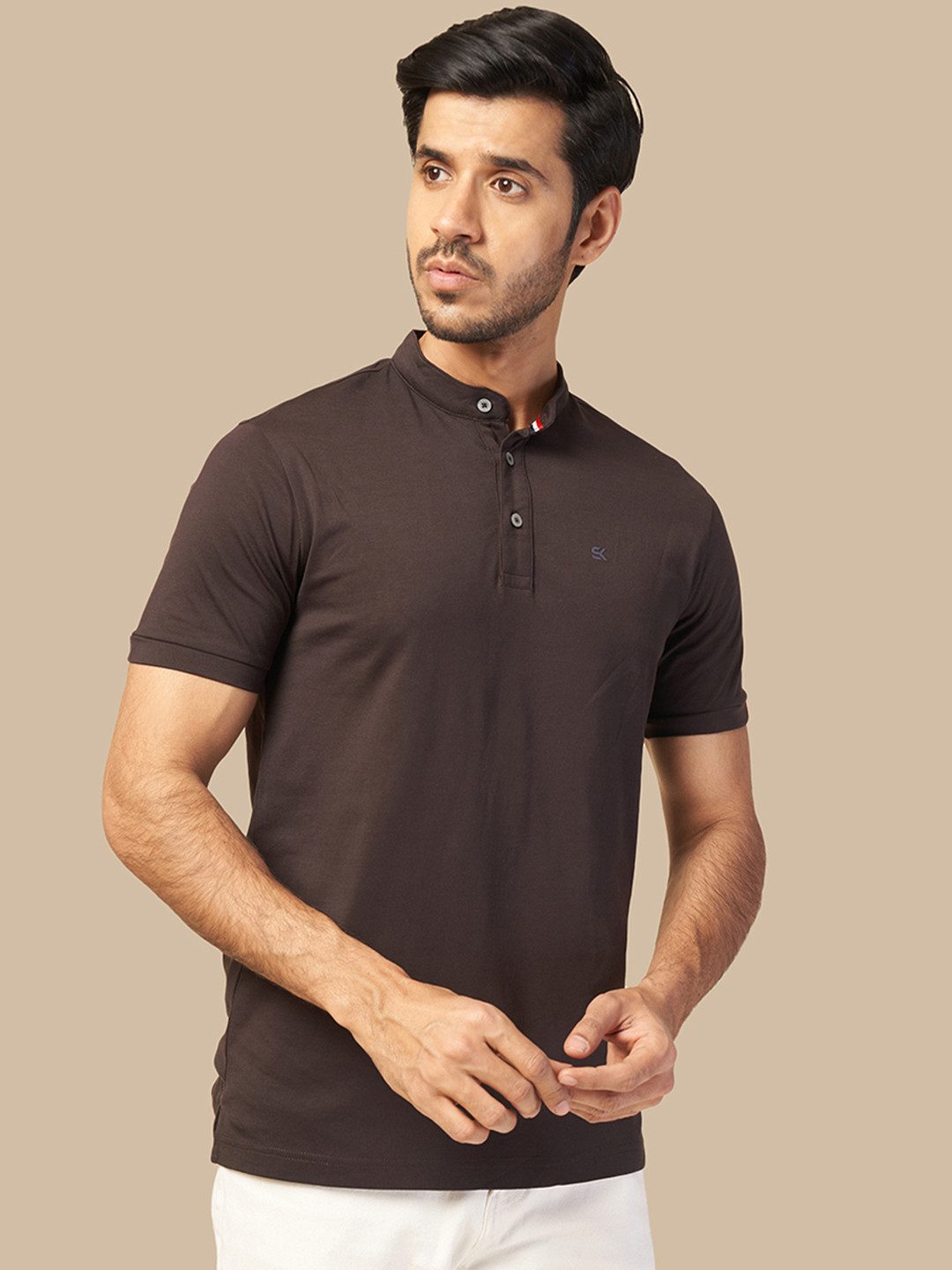 

ONE SKY Mandarin Collar Short Sleeves Cotton T-shirt, Brown