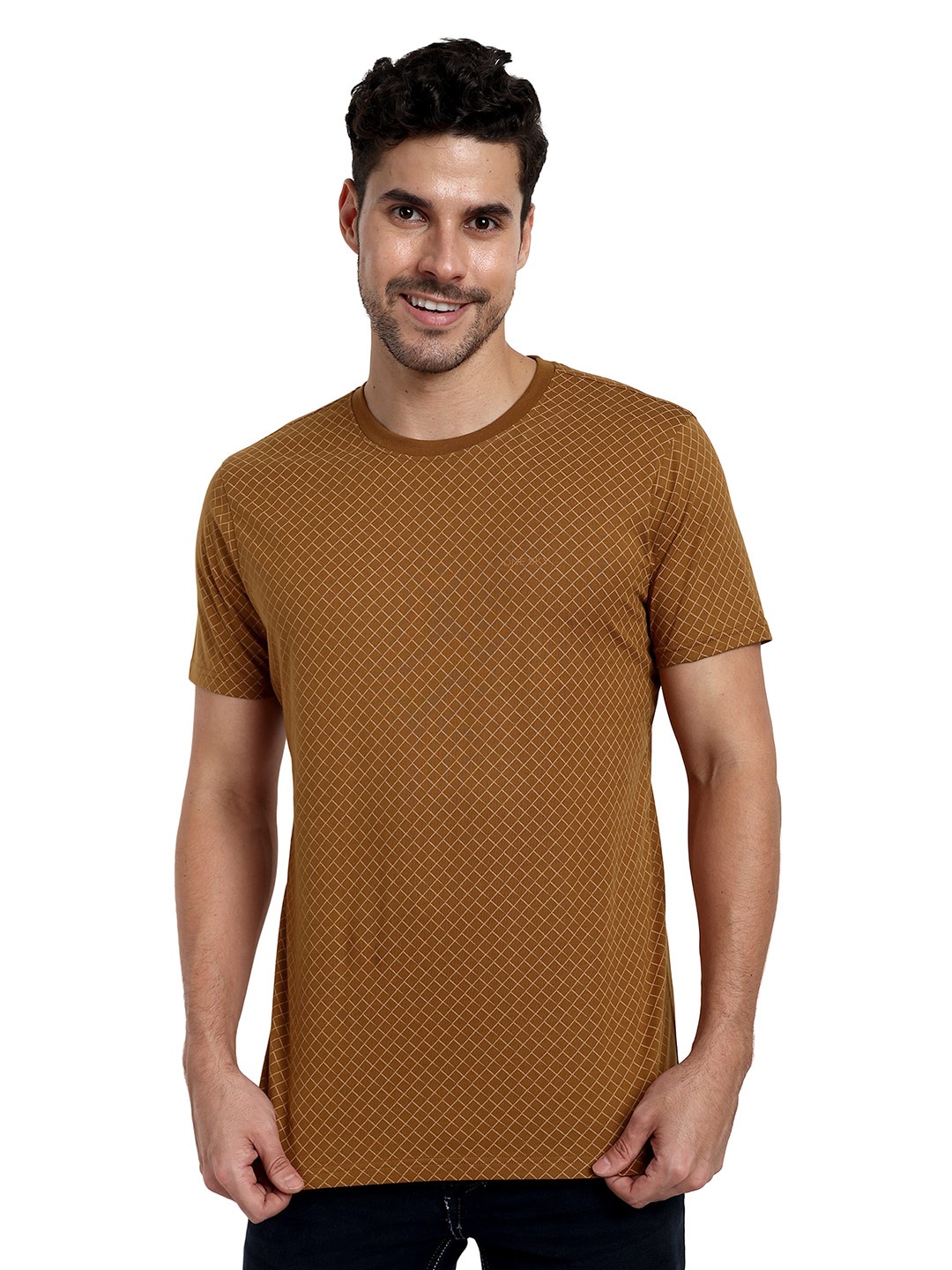 

ONE SKY Geometric Printed Round Neck Pure Cotton T-shirt, Brown