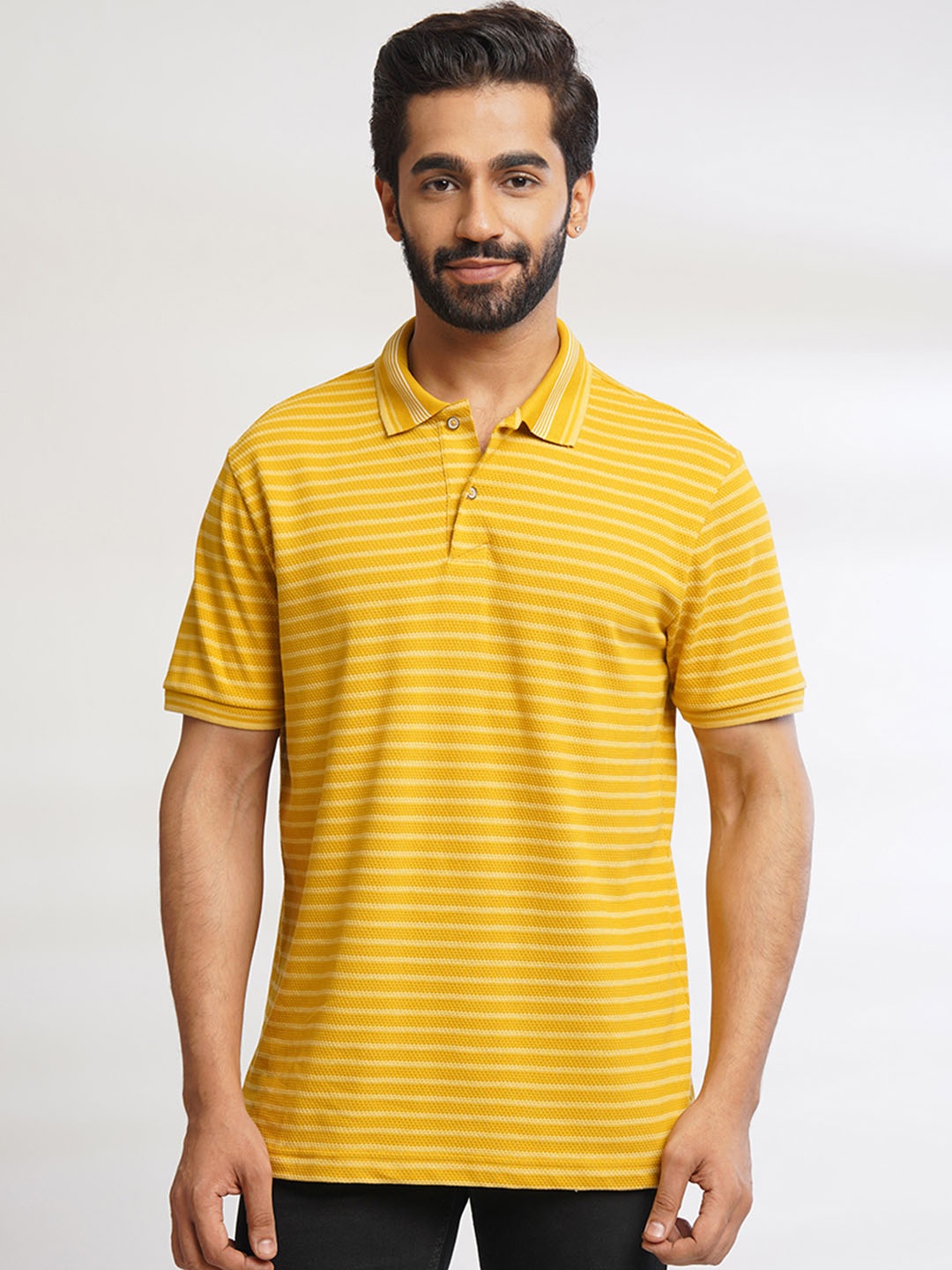 

ONE SKY Striped Regular Fit Short Sleeves Polo Collar Cotton T-shirt, Mustard