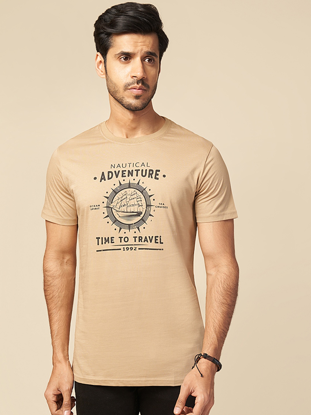 

ONE SKY Typography Printed Round Neck Cotton T-shirt, Beige