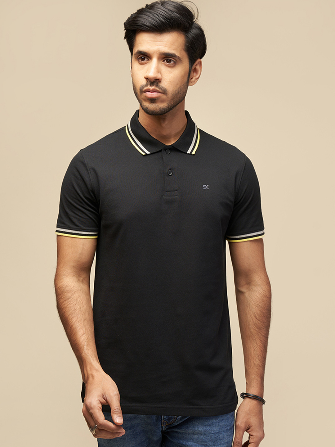 

ONE SKY Polo Collar Short Sleeves Cotton T-shirt, Black