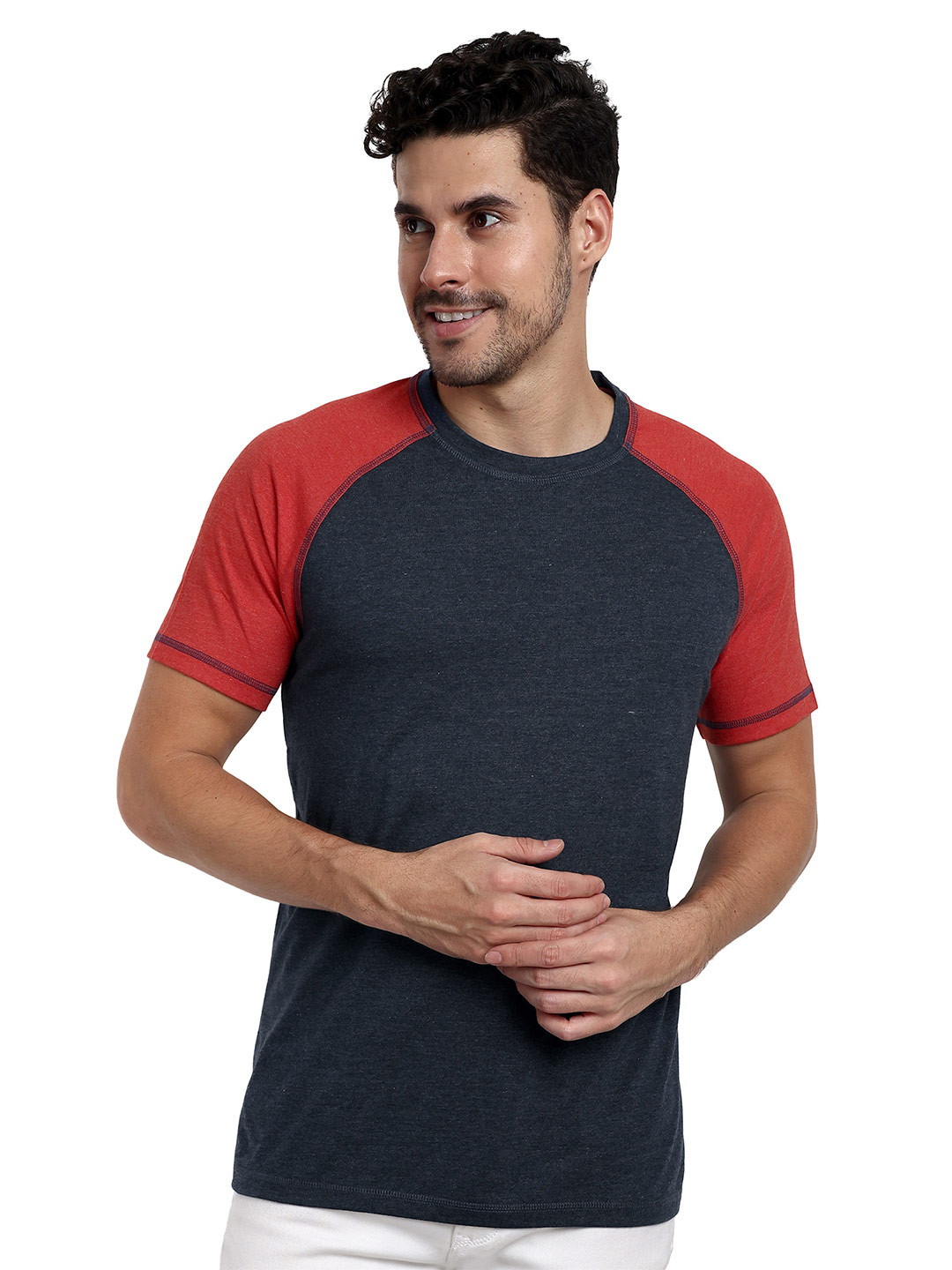 

ONE SKY Colourblocked Regular Fit Short Sleeves Round Neck Cotton T-shirt, Blue