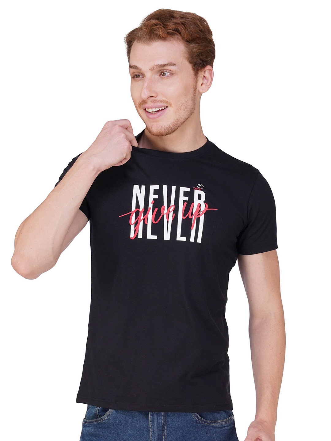 

ONE SKY Typography Printed Round Neck Cotton T-shirt, Black