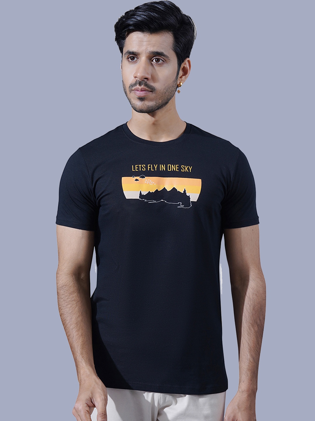 

ONE SKY Typography Printed Round Neck Short Sleeves T-shirt, Black