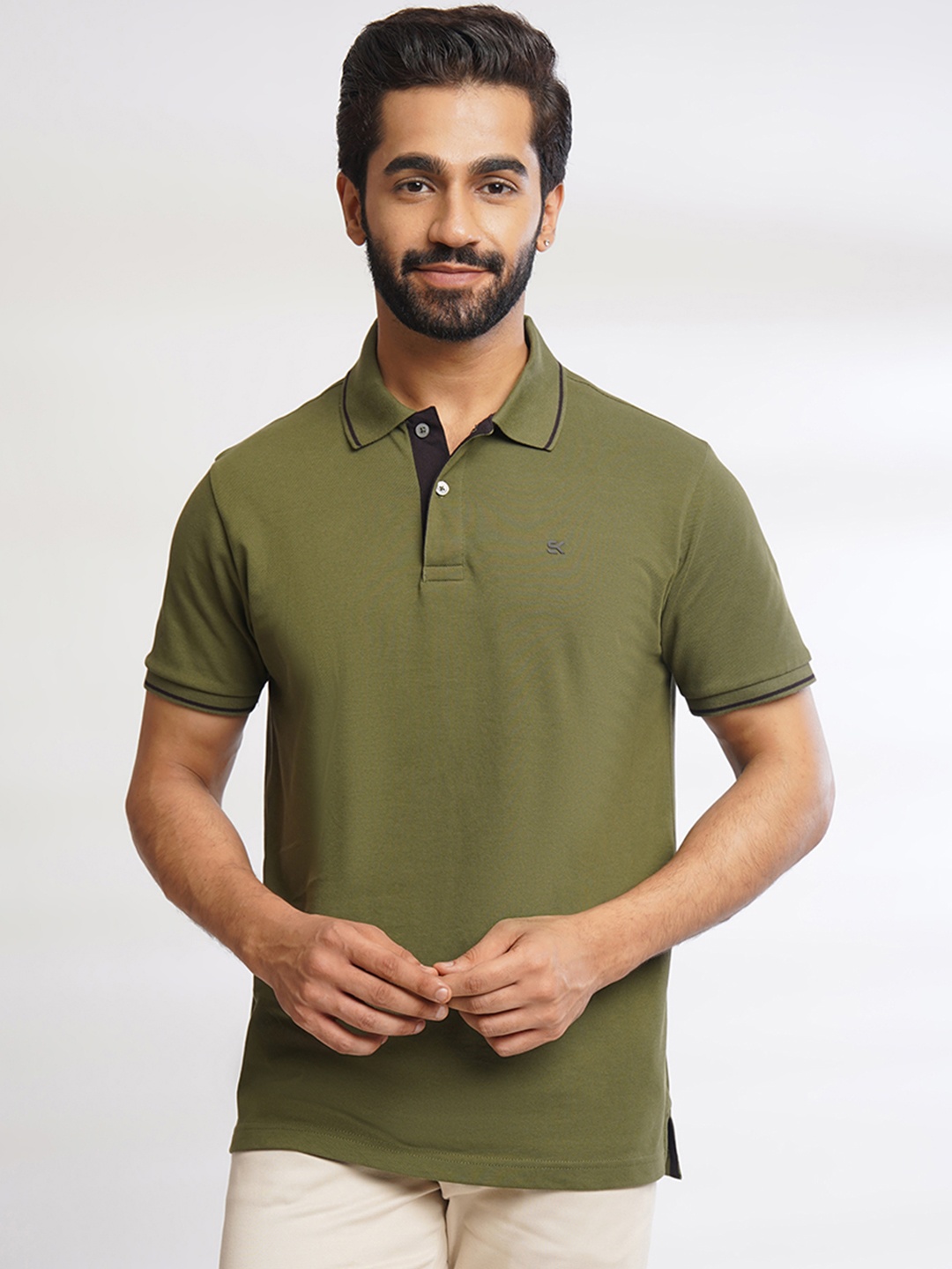

ONE SKY Polo Collar Short Sleeves Cotton T-shirt, Olive