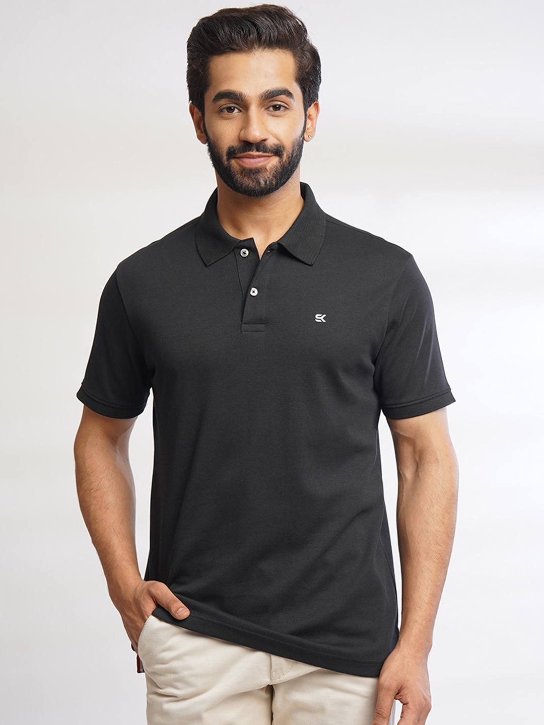 

ONE SKY Polo Collar Applique Cotton T-shirt, Black