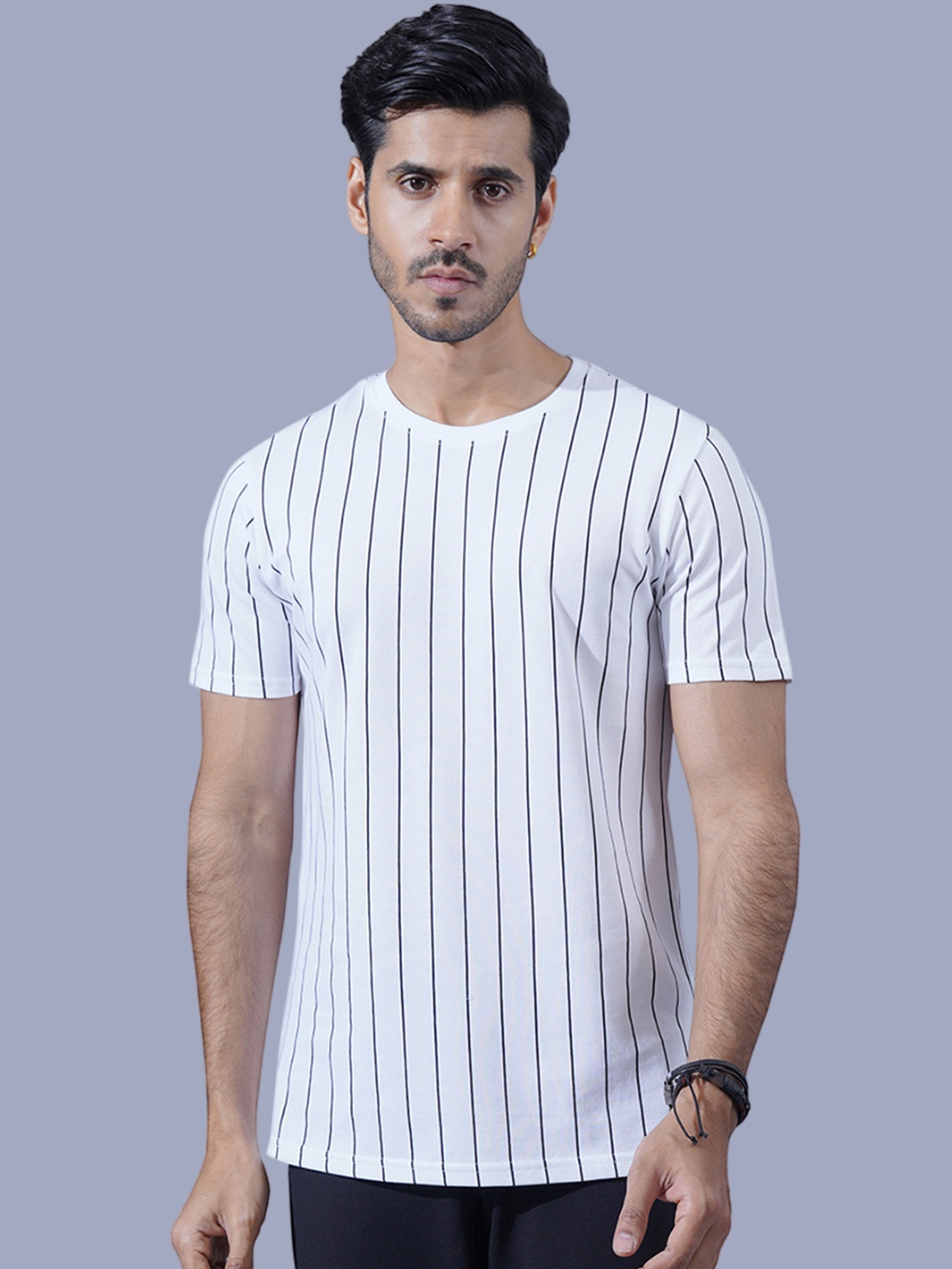 

ONE SKY Striped Round Neck Cotton T-shirt, White