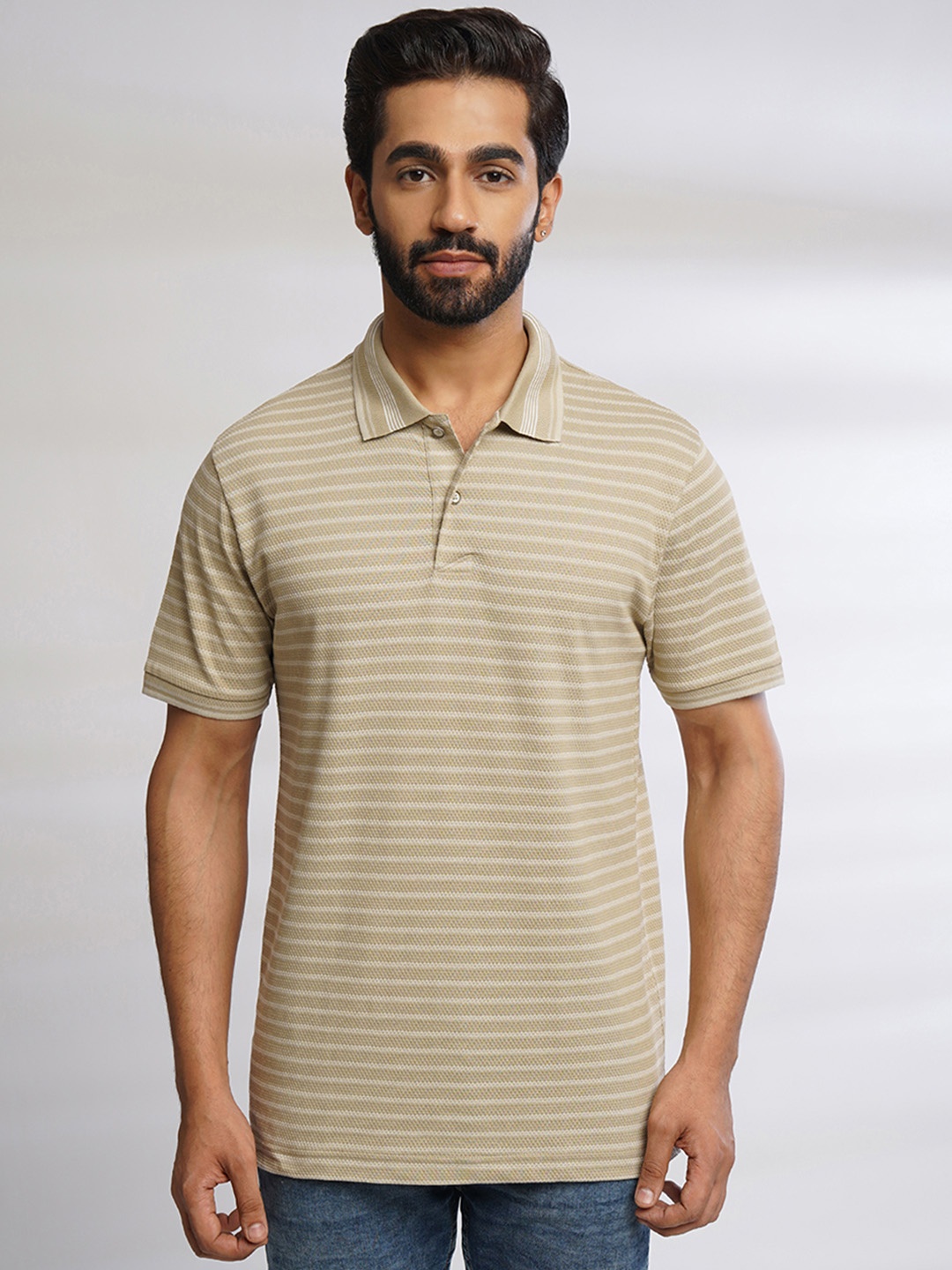 

ONE SKY Striped Polo Collar Short Sleeves T-shirt, Beige