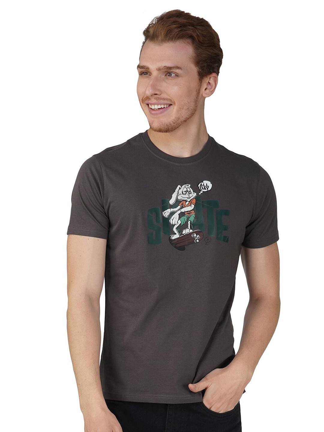 

ONE SKY Graphic Printed Round Neck Cotton T-shirt, Brown