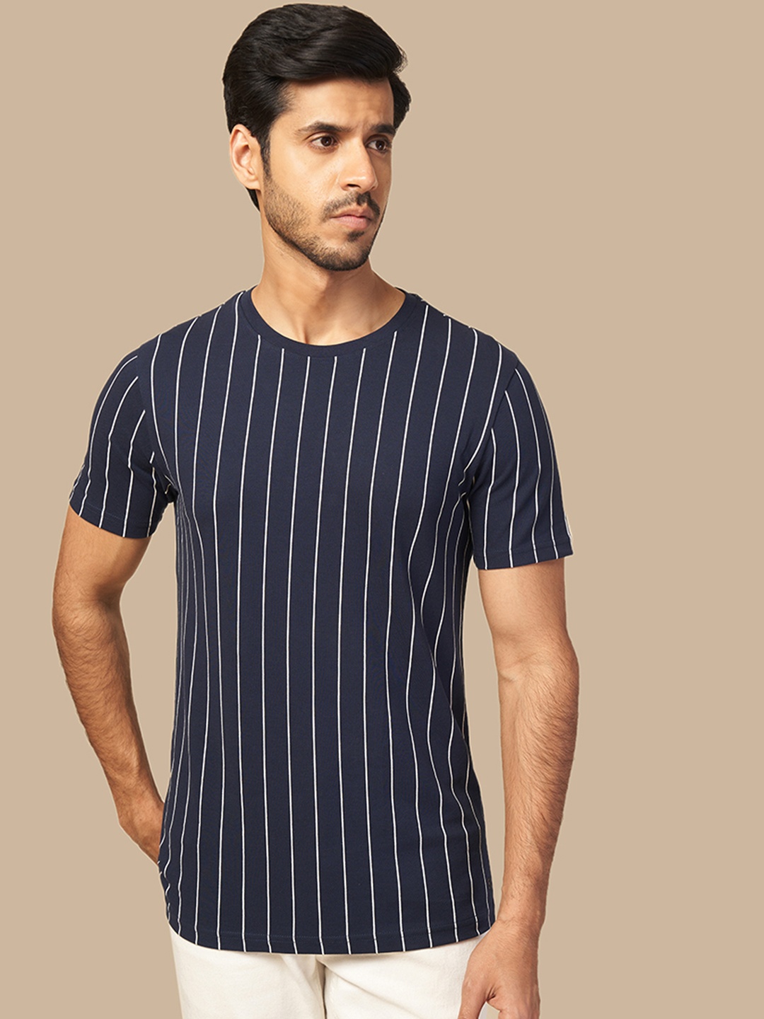 

ONE SKY Striped Round Neck Short Sleeves Cotton T-shirt, Navy blue