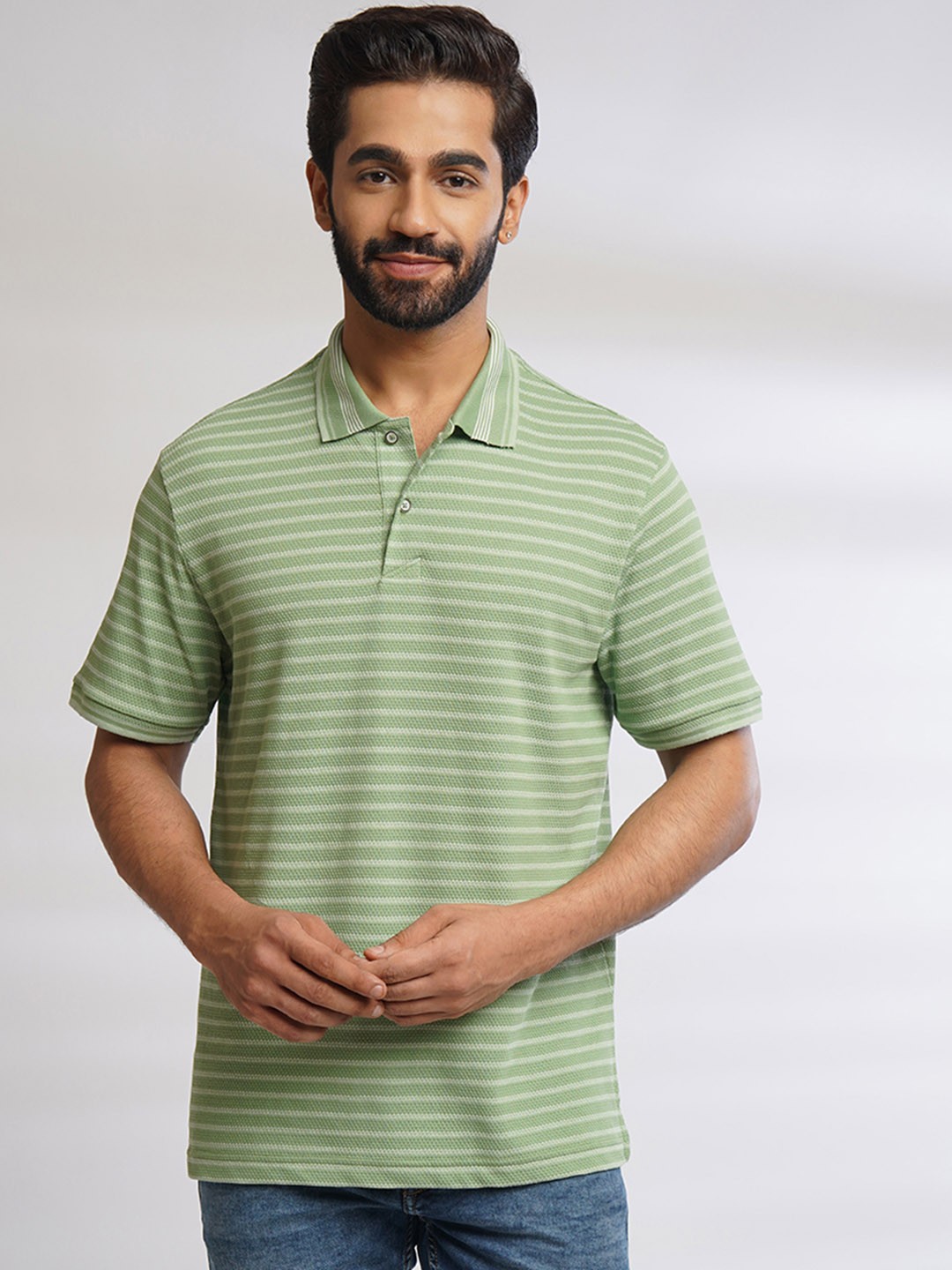 

ONE SKY Polo Collar Short Sleeves Striped Regular Fit Cotton T-shirt, Green