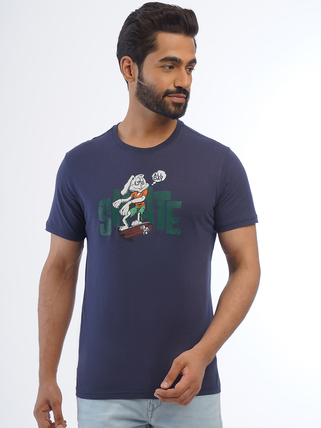 

ONE SKY Typography Printed Round Neck Pure Cotton T-shirt, Navy blue