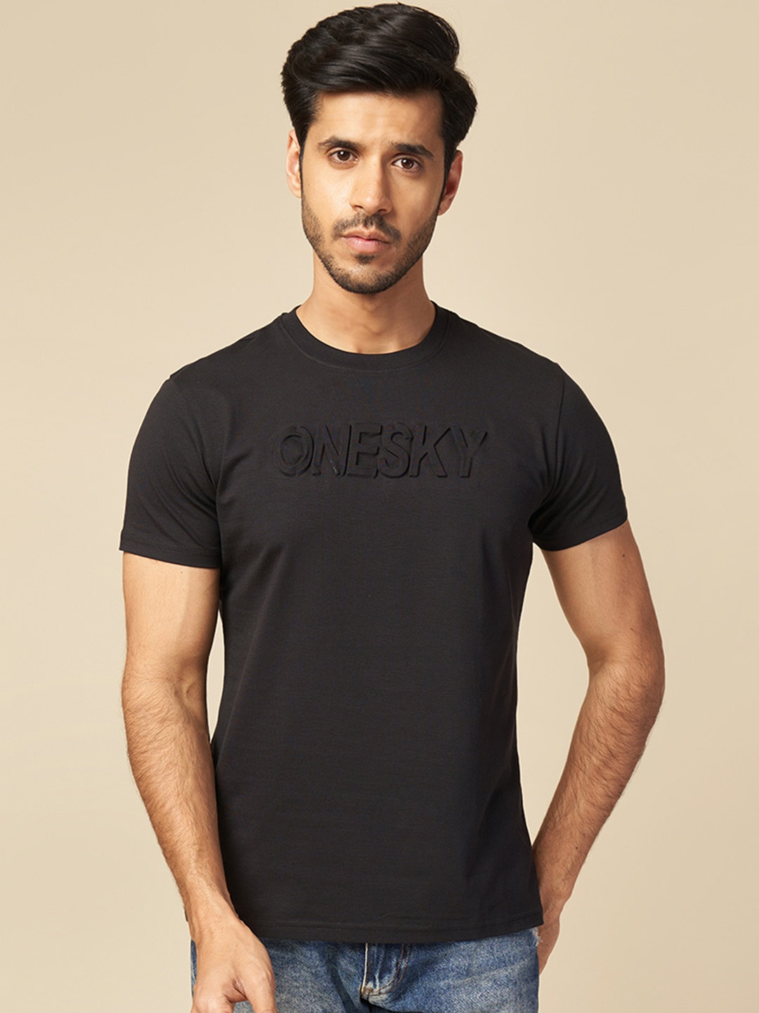 

ONE SKY Typography Round Neck Applique Cotton T-shirt, Black