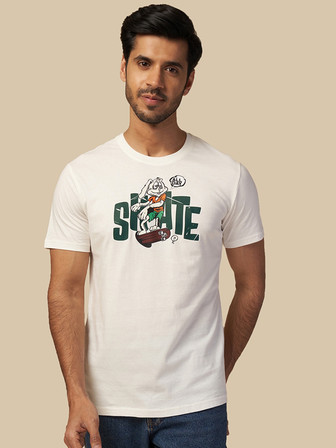 

ONE SKY Typography Printed Round Neck Pure Cotton T-shirt, Off white
