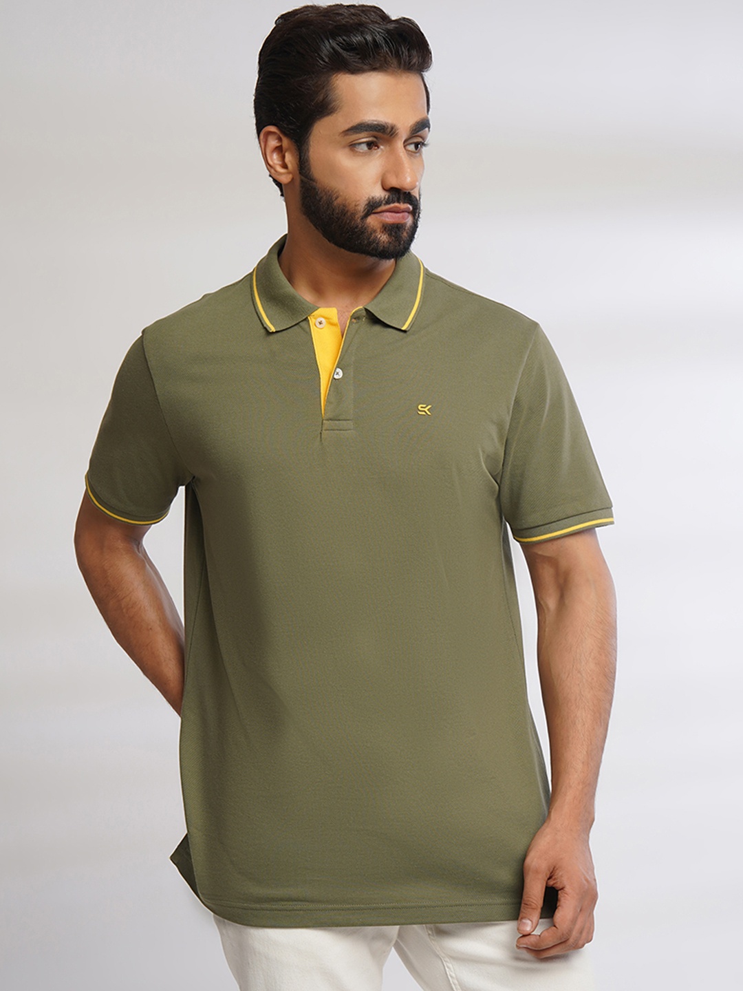 

ONE SKY Polo Collar Pure Cotton T-shirt, Olive