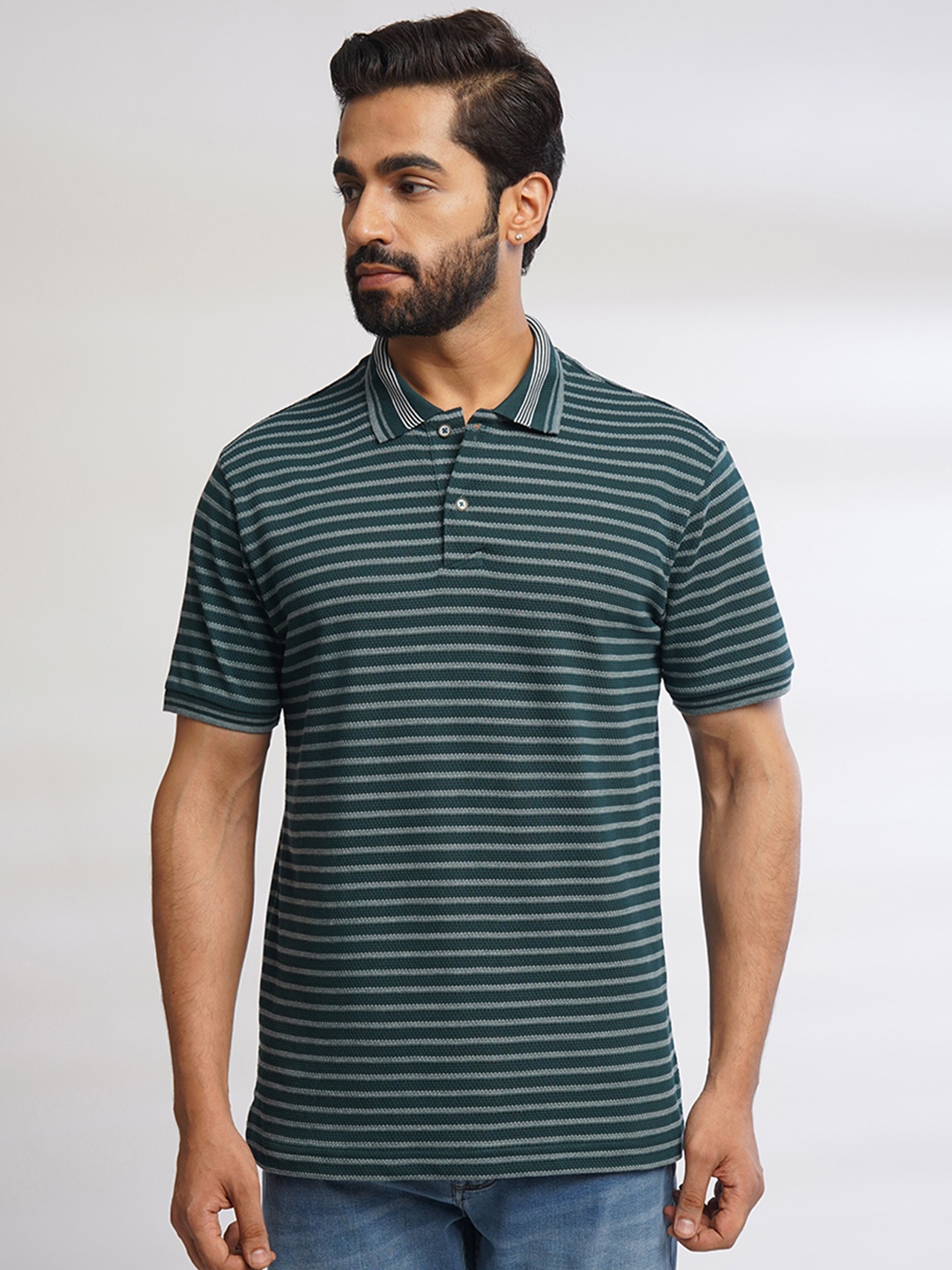 

ONE SKY Striped Polo Collar Cotton T-shirt, Green