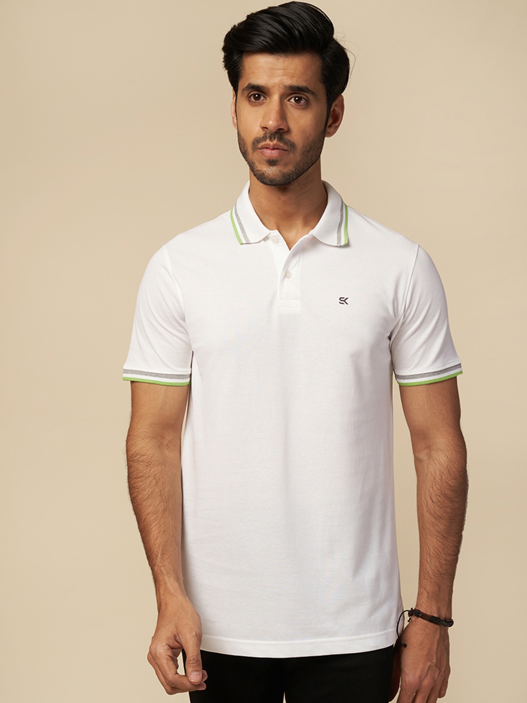 

ONE SKY Polo Collar Applique Cotton T-shirt, White