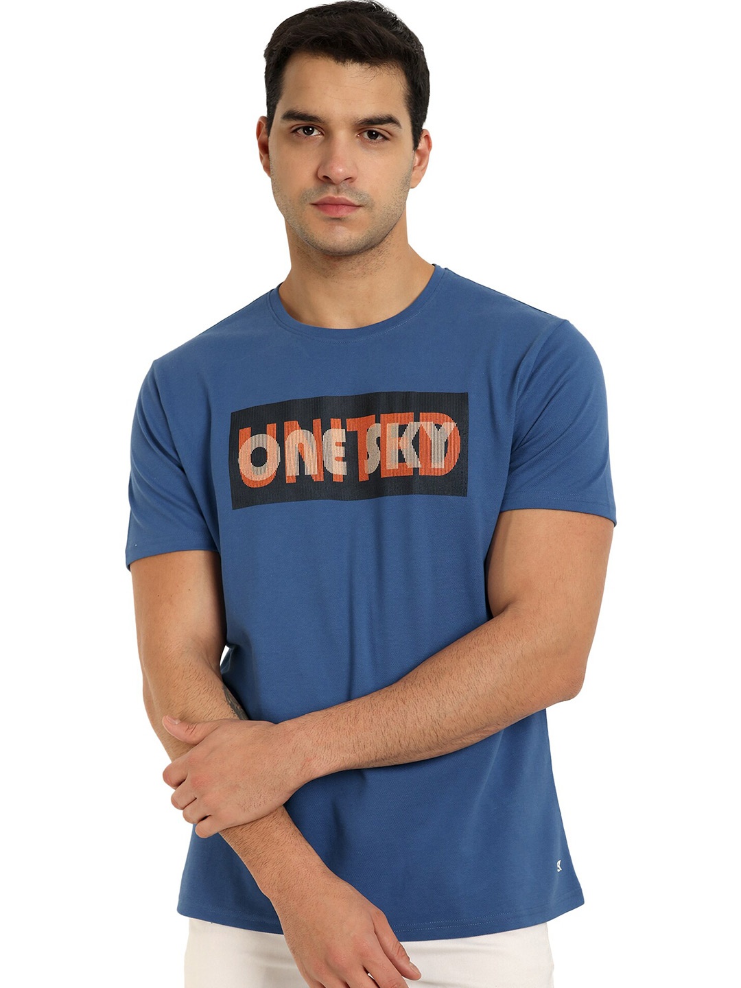 

ONE SKY Typography Printed Round Neck Pure Cotton T-shirt, Blue