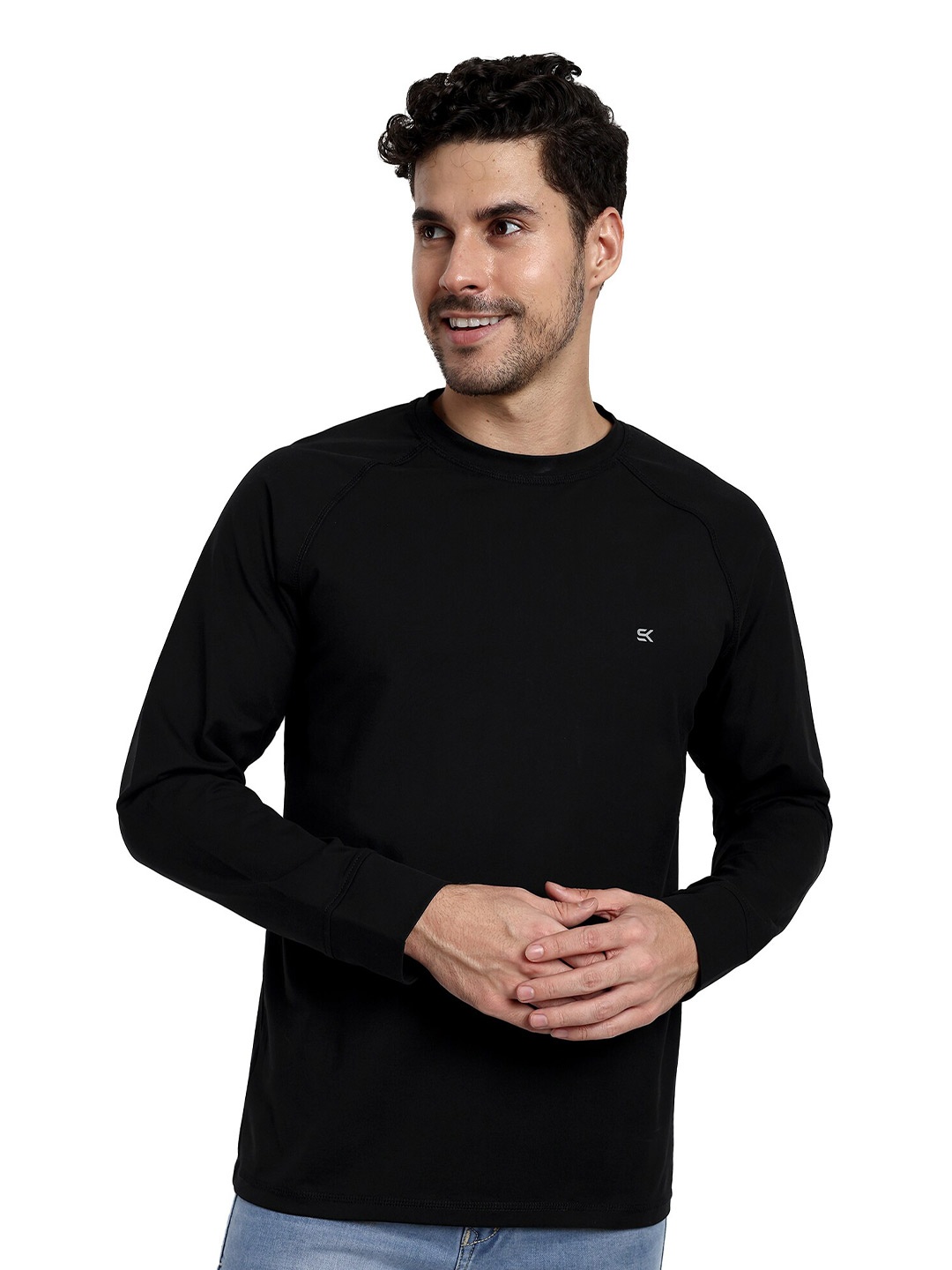 

ONE SKY Round Neck Long Sleeves Cotton T-shirt, Black