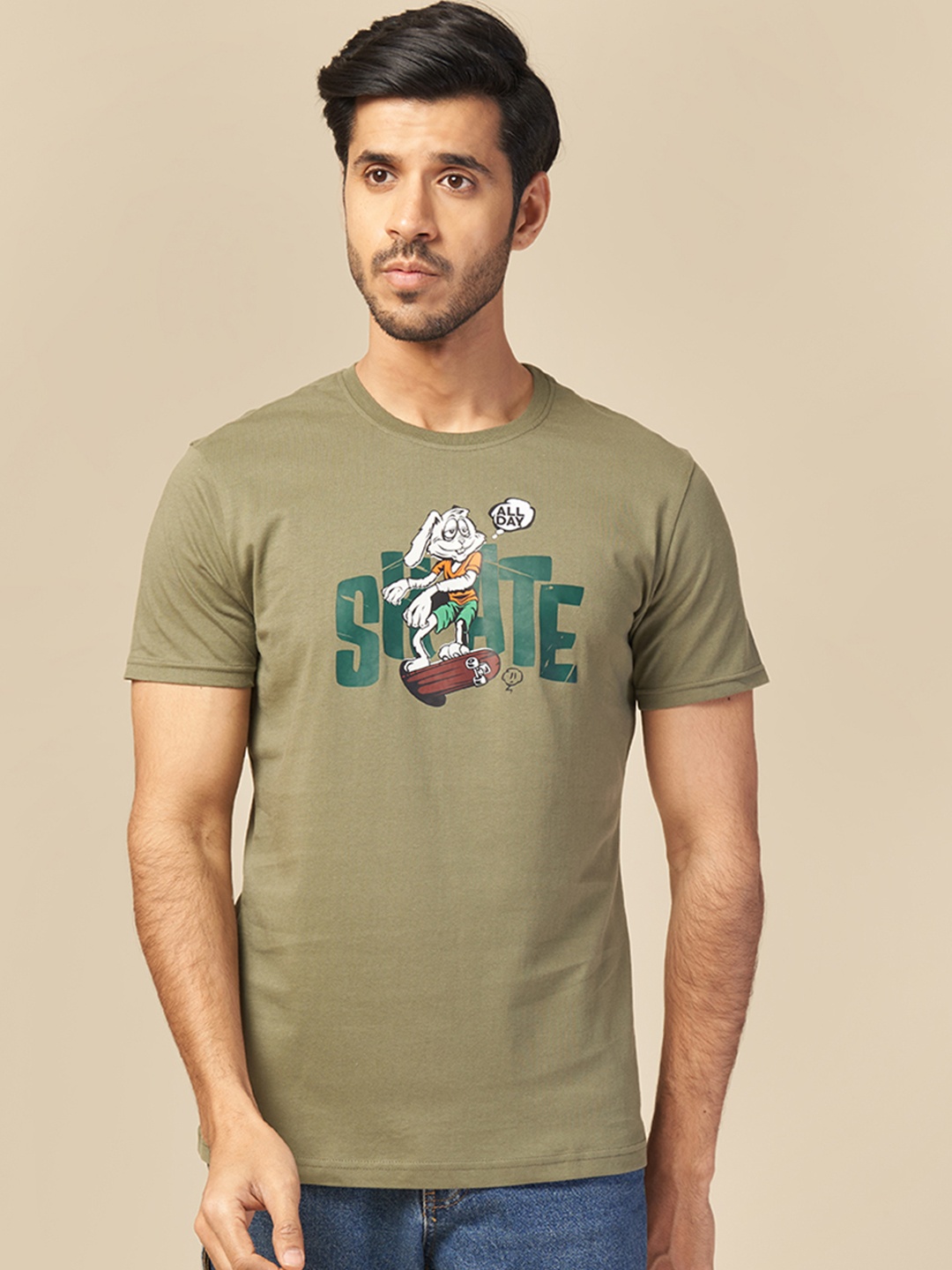 

ONE SKY Round Neck Short Sleeves Graphic Printed Regular Fit Cotton T-shirt, Olive