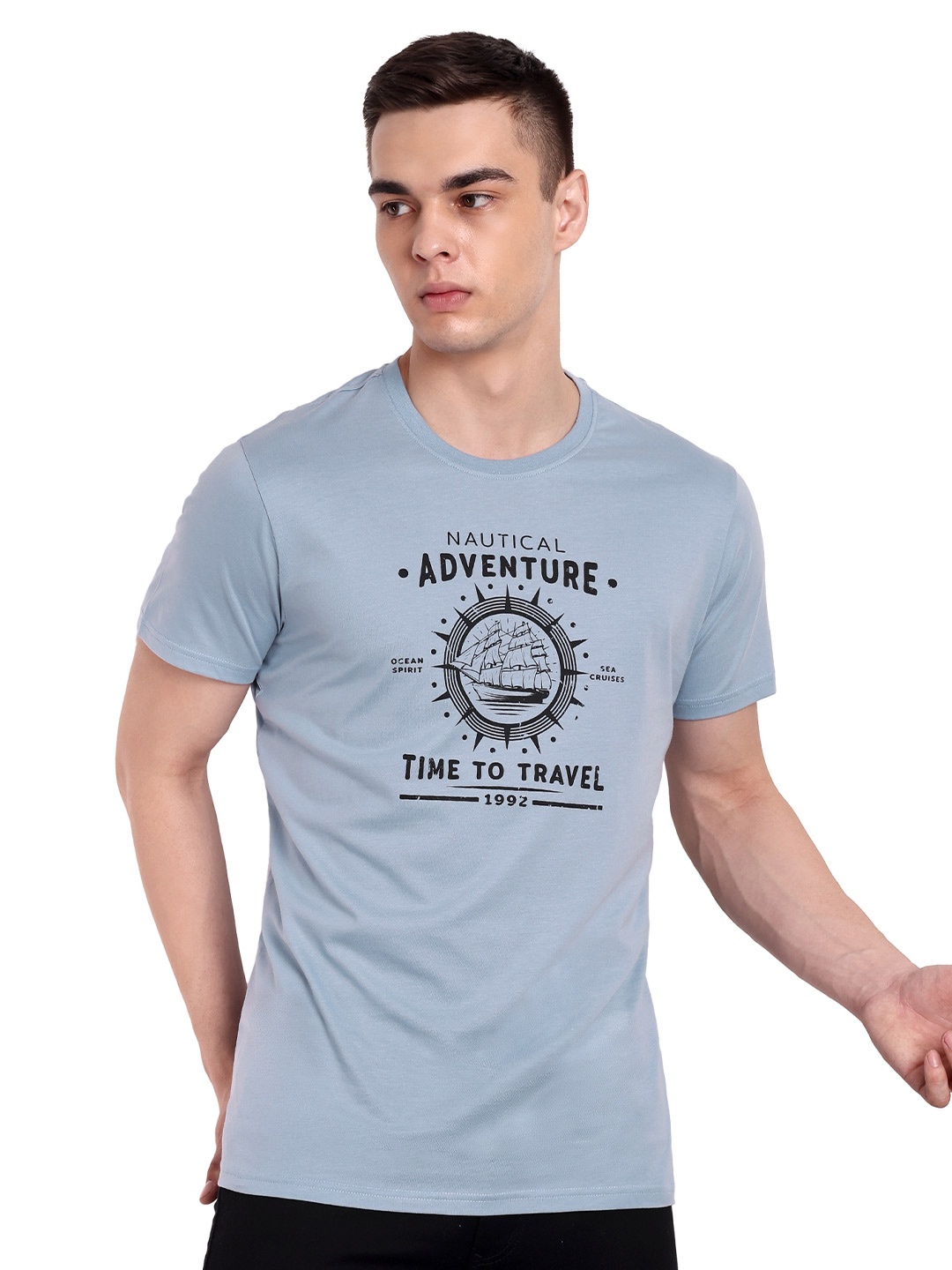 ONE SKY Typography Printed Cotton T-shirt, Blue