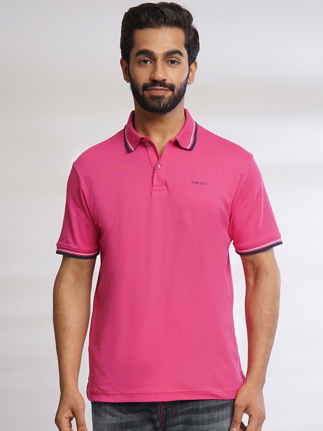 

ONE SKY Polo Collar Pure Cotton T-shirt, Fuchsia