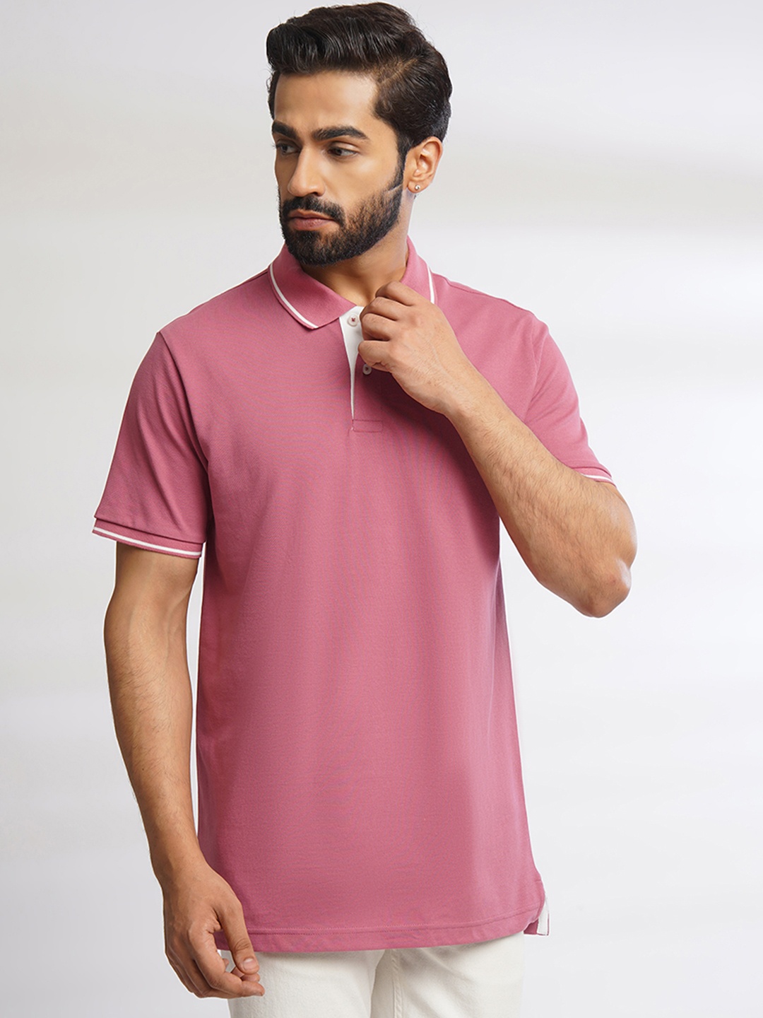 

ONE SKY Polo Collar Pure Cotton T-shirt, Mauve