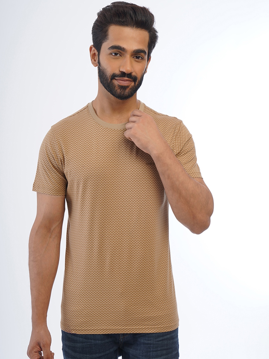 

ONE SKY Abstract Printed Round Neck Pure Cotton T-shirt, Brown