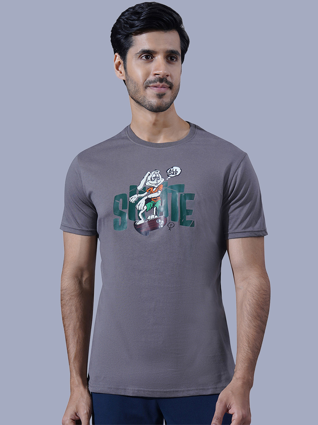 

ONE SKY Typography Printed Round Neck Cotton T-shirt, Grey
