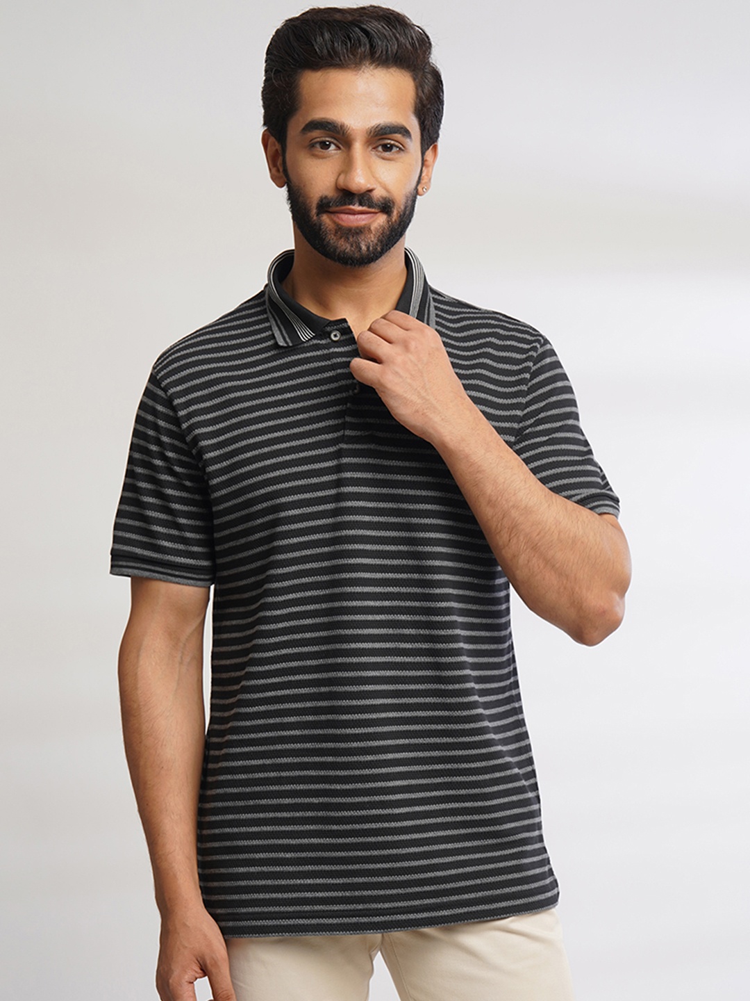 

ONE SKY Striped Polo Collar Short Sleeves T-shirt, Black