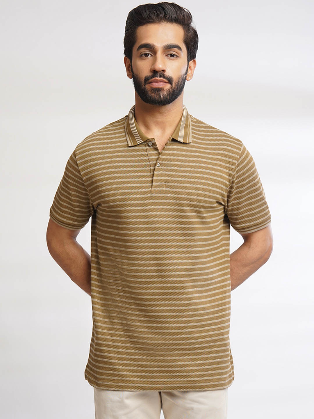 

ONE SKY Striped Regular Fit Short Sleeves Cotton Polo Collar T-shirt, Brown