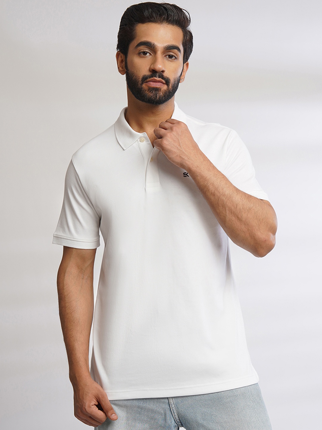 

ONE SKY Polo Collar Applique Cotton T-shirt, White