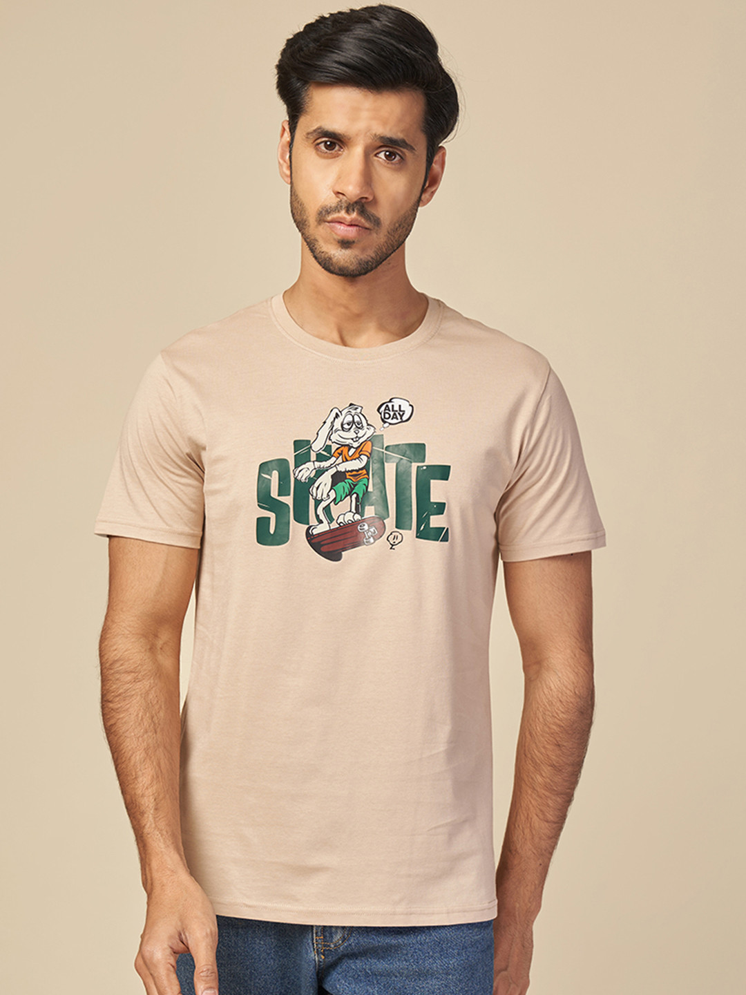 

ONE SKY Printed Regular Fit Short Sleeves Round Neck Cotton Raw Edge T-shirt, Beige