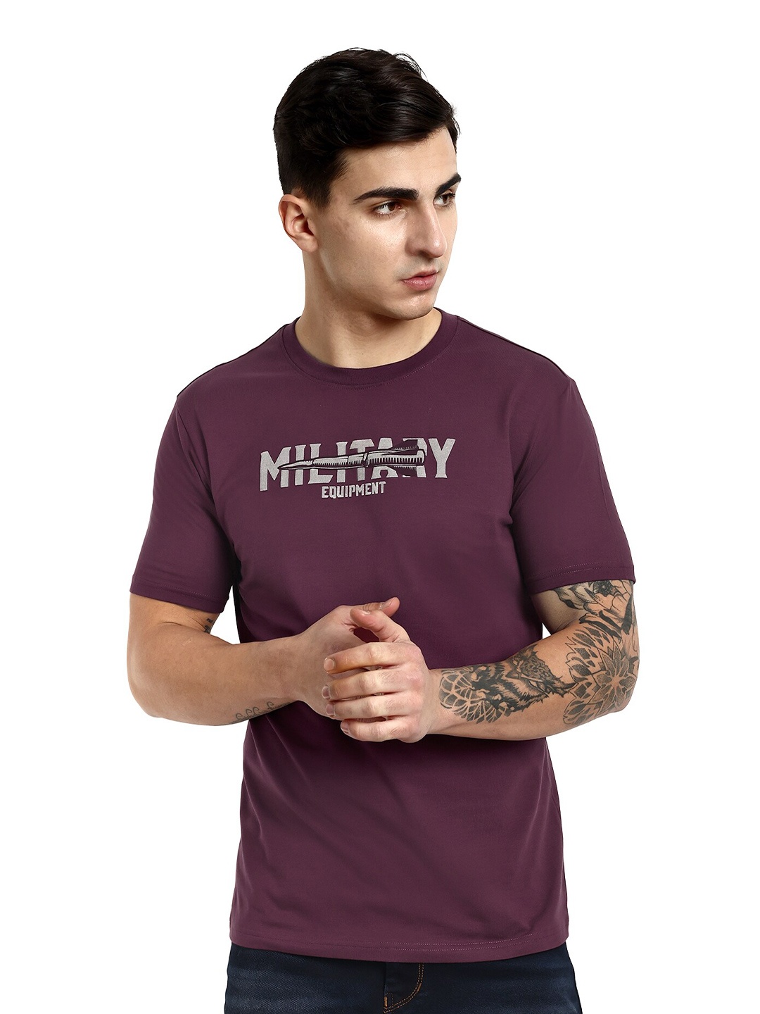 ONE SKY Typography Printed Round Neck T-shirt, Burgundy