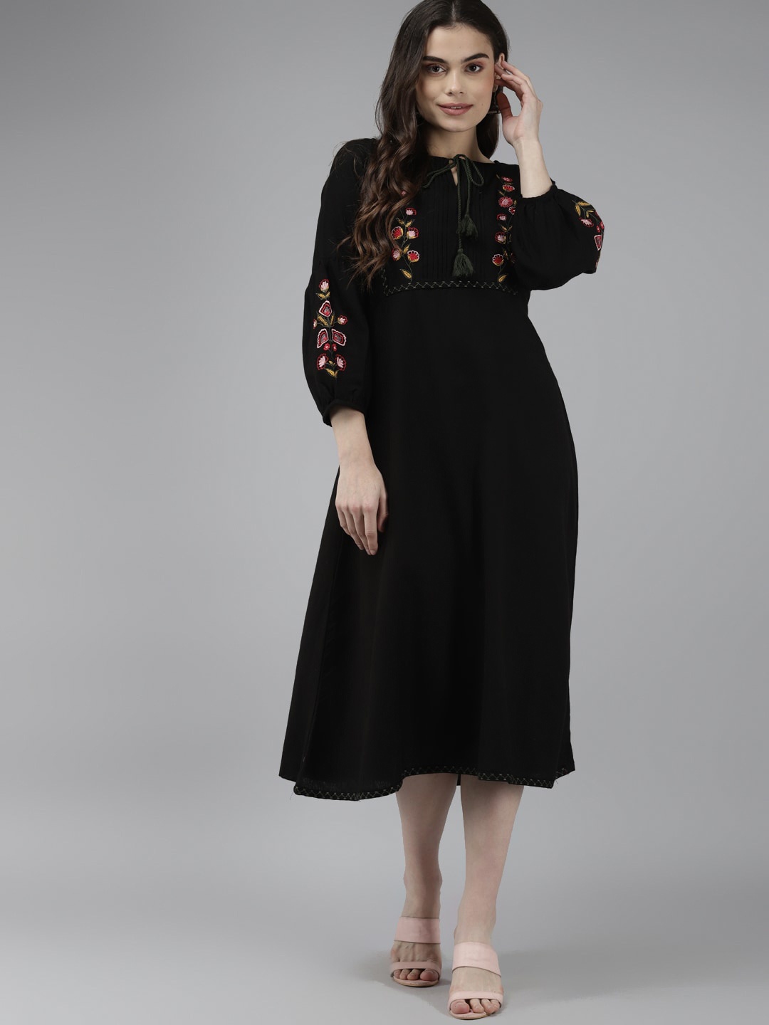 

Yufta Tie-Up Neck Puff Sleeve Cotton A-Line Midi Dress, Black