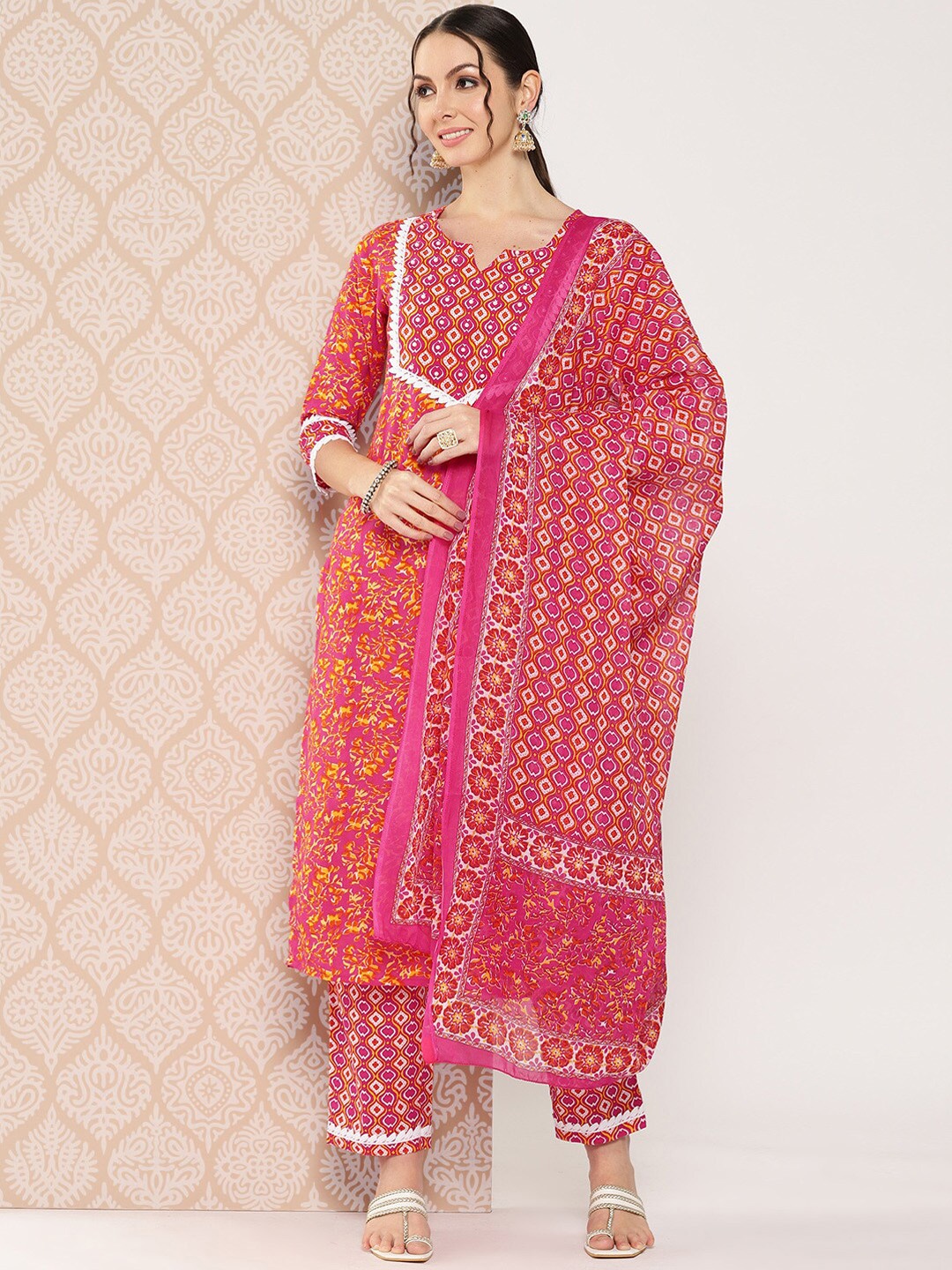 

Yufta Floral Printed Sequinned Pure Cotton Straight Kurta with Trousers & Dupatta, Pink