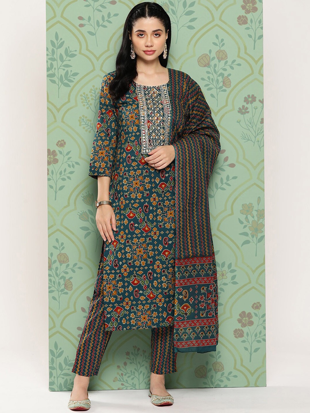 

Yufta Floral Printed Sequinned Pure Cotton Straight Kurta with Trousers & Dupatta, Teal