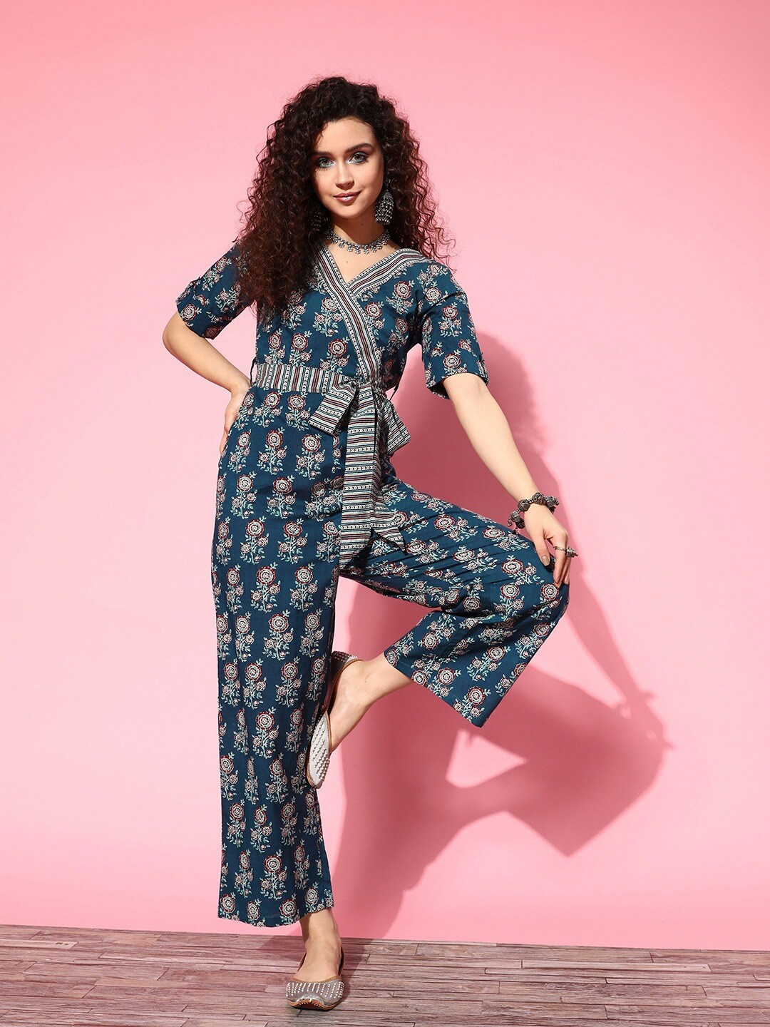 

Yufta Floral Printed V-Neck Pure Cotton Basic Jumpsuit, Blue