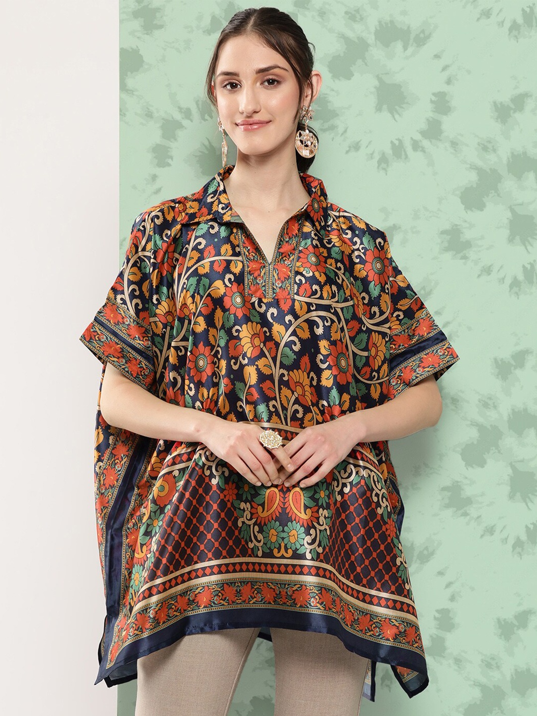 

Yufta Printed Shirt Collar Kimono Sleeves Kaftan Top, Blue