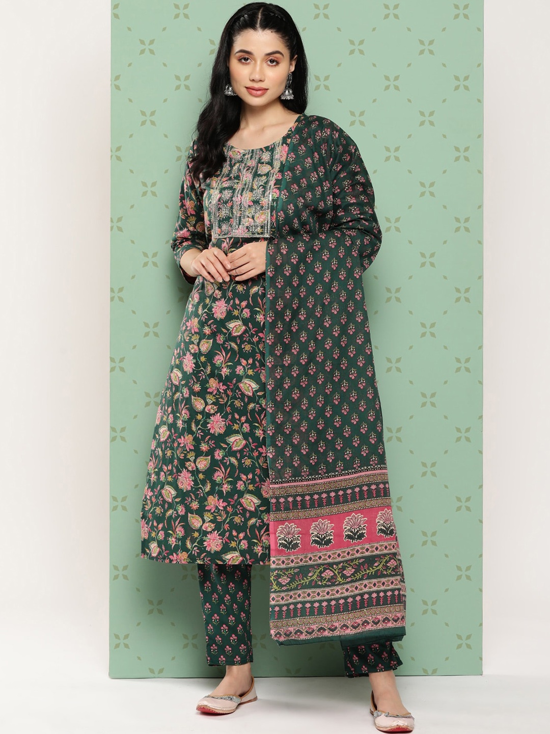 

Yufta Floral Printed Thread Work Pure Cotton Straight Kurta with Trousers & Dupatta, Teal